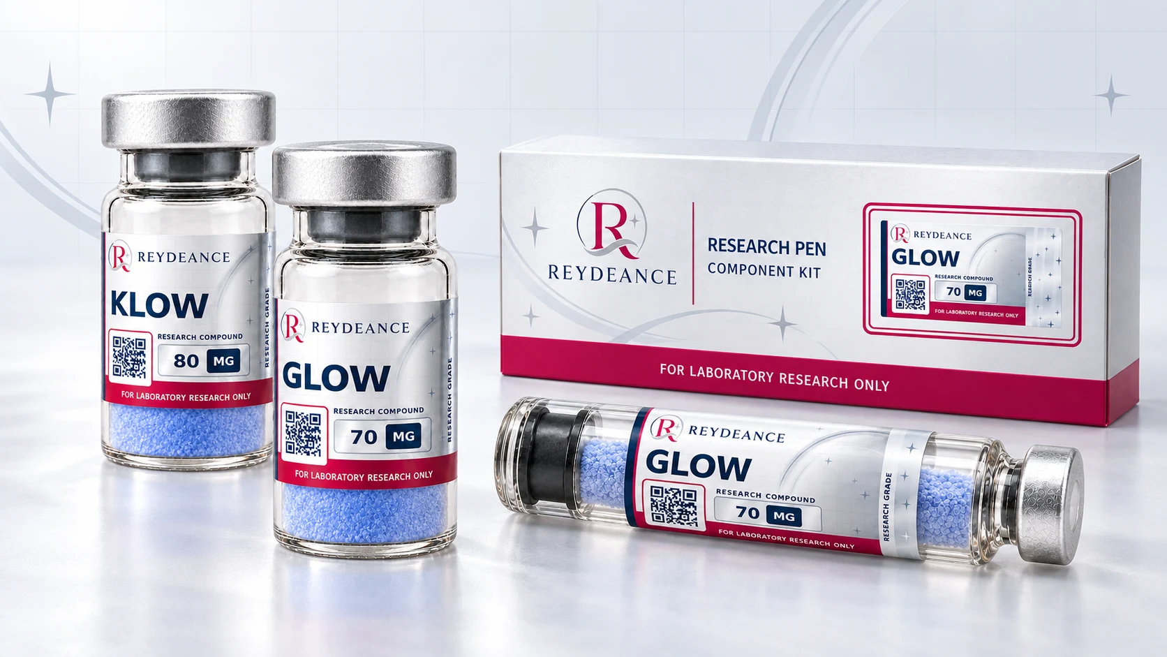 A Reydeance range shot: a KLOW 80 mg vial, a GLOW 70 mg vial, a research pen component kit carton and a pen cartridge.